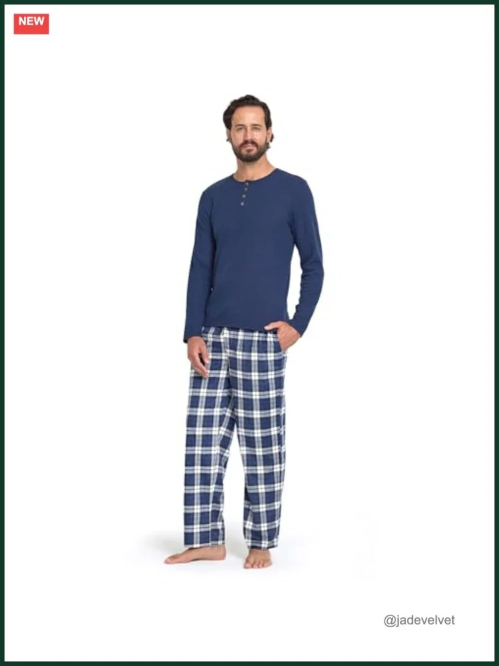 Men's Long Sleeve Henley & Plaid Pajama Set, Cotton Blend Lounge Sleepwear